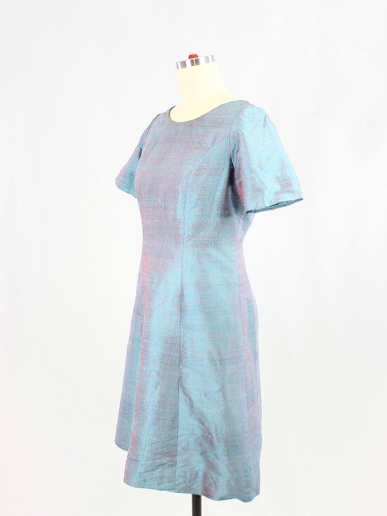 Vintage 60's Unbranded Iridescent Blue Dupioni Silk A-Line Dress, Size S - Picture 4 of 11